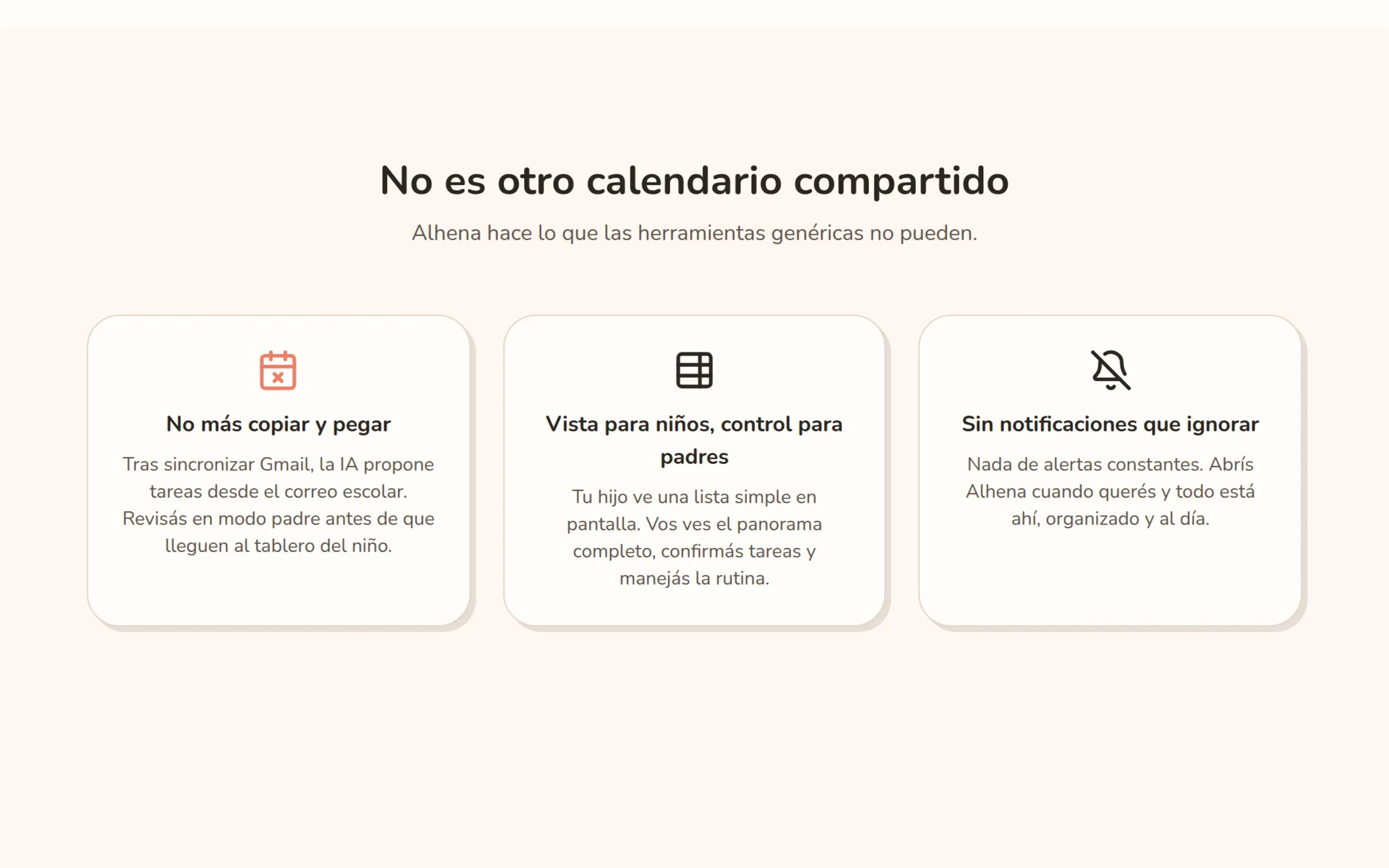 Three feature cards on the Alhena home page. The first says that after syncing Gmail the AI proposes tasks and the parent reviews them before they reach the board.