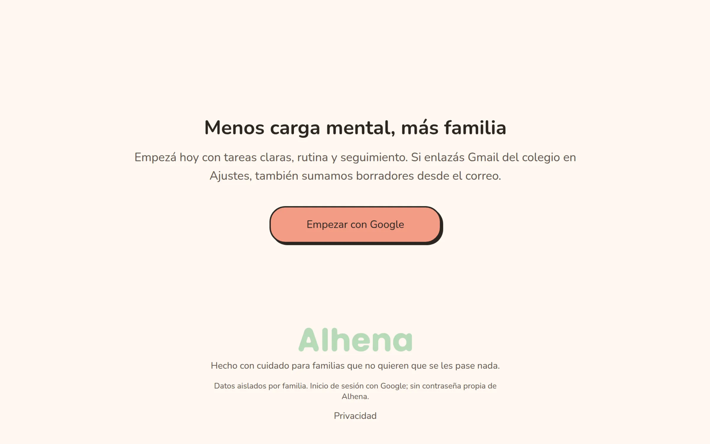 Closing section and footer of the Alhena home page: a “Start with Google” button and a note that data is kept separate for each family, with Google sign-in and no Alhena password.