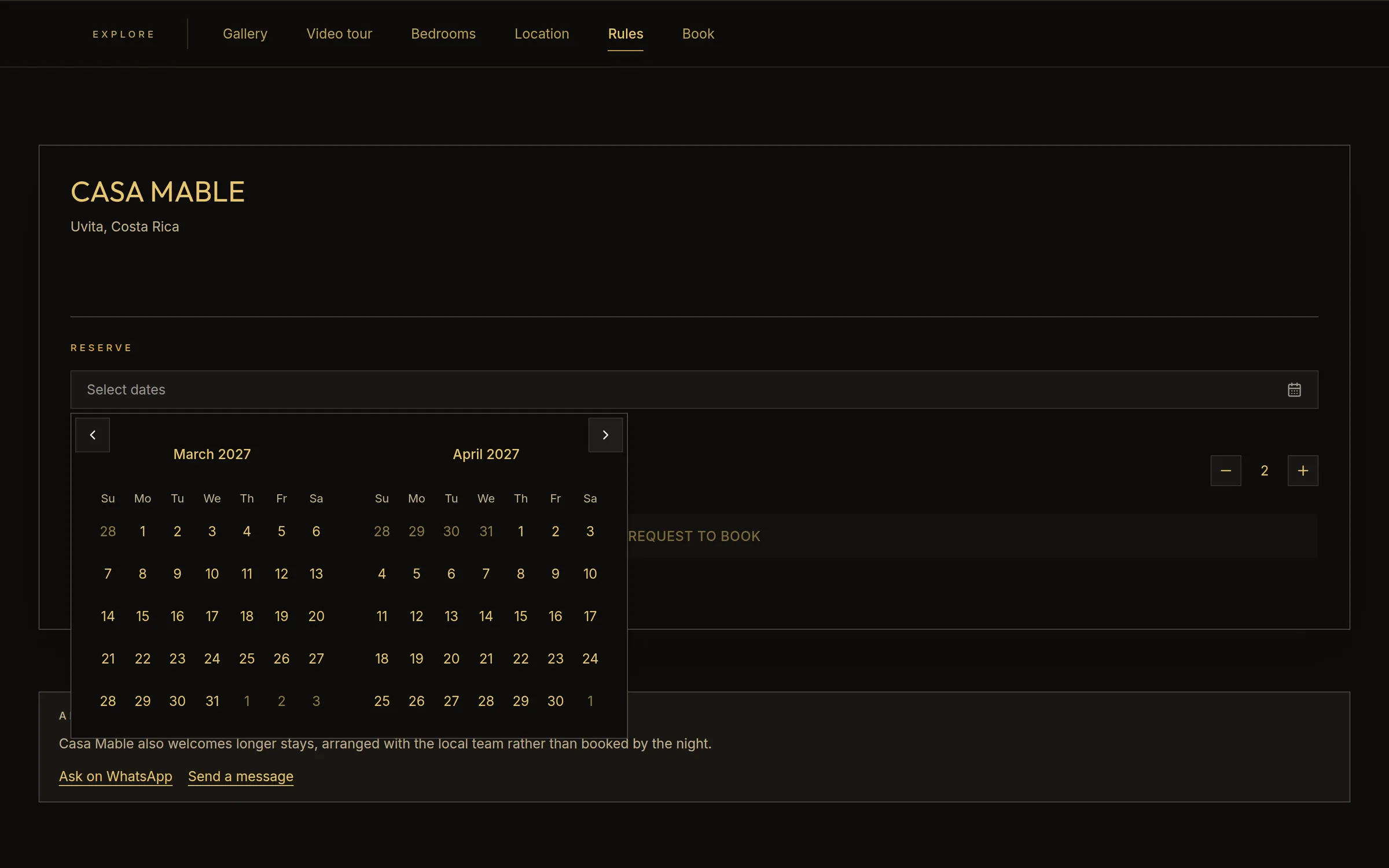 Booking card on a villa page with the date picker open on March and April 2027, a guest counter set to 2 and a Request to book button.