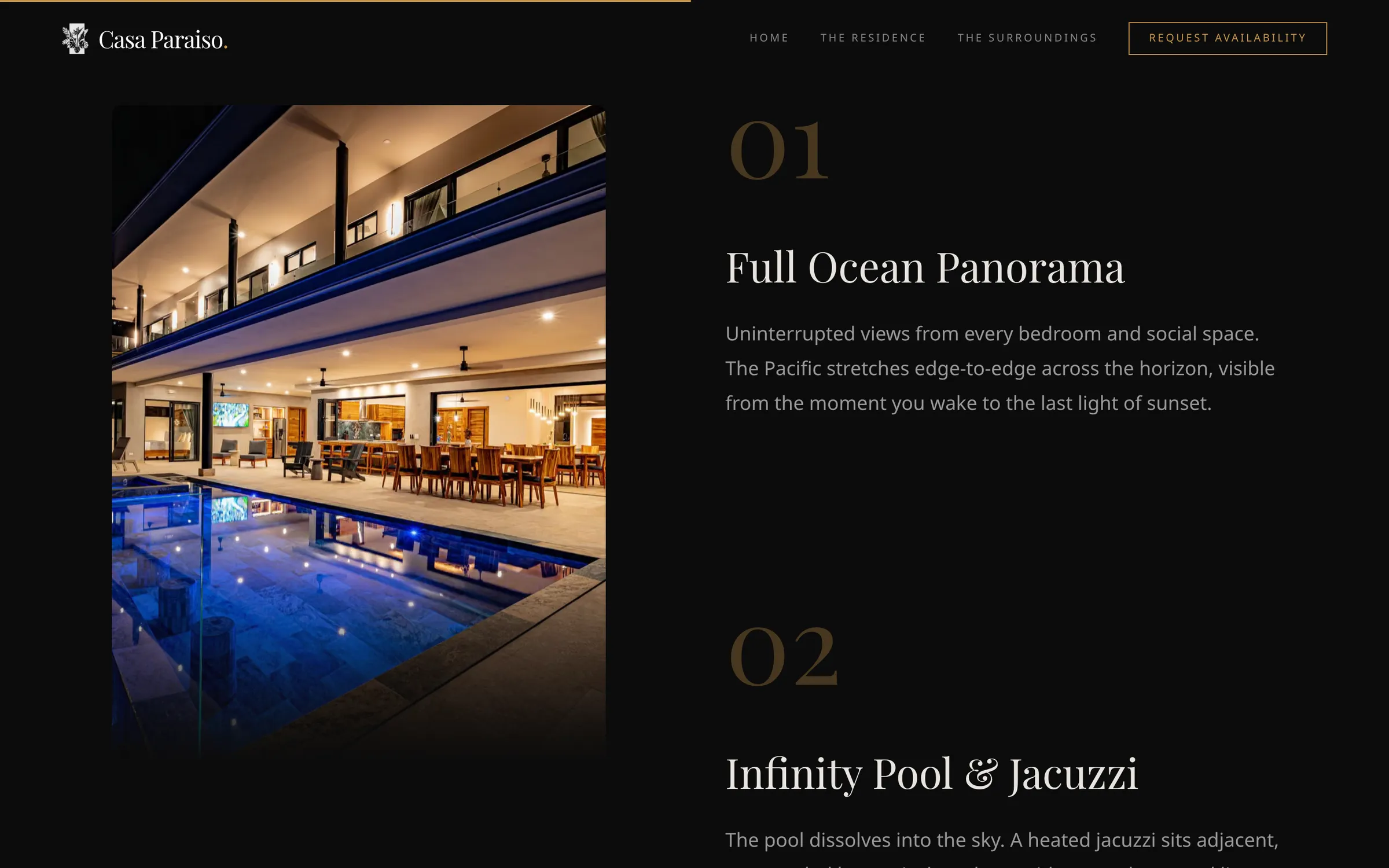 Home page section “What defines the stay”: a night photo of the terrace and blue-lit pool beside the numbered headings Full Ocean Panorama and Infinity Pool & Jacuzzi.