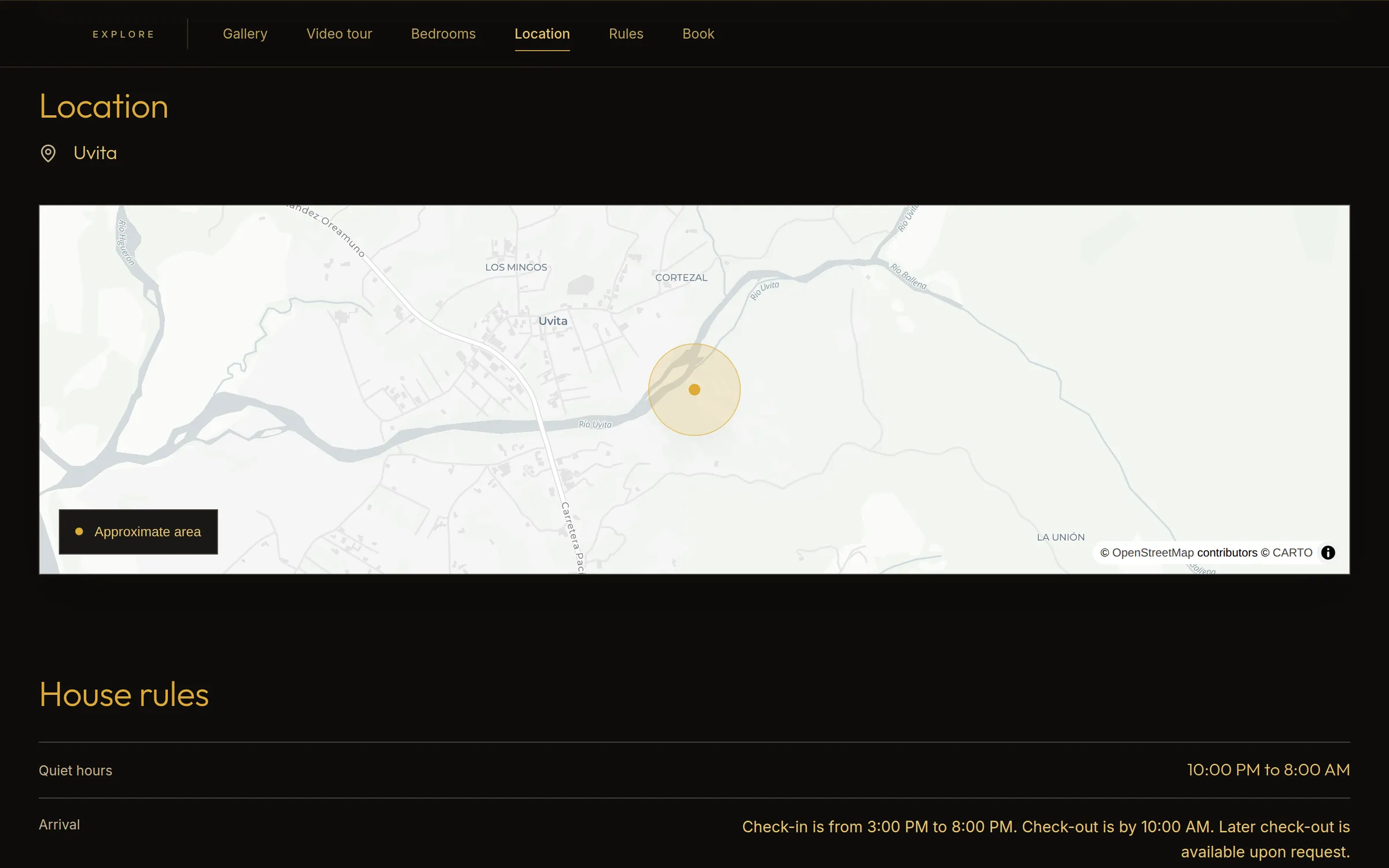 Location section of a villa page: a street map of a town with a translucent circle and a legend that reads Approximate area, above the start of the house rules.