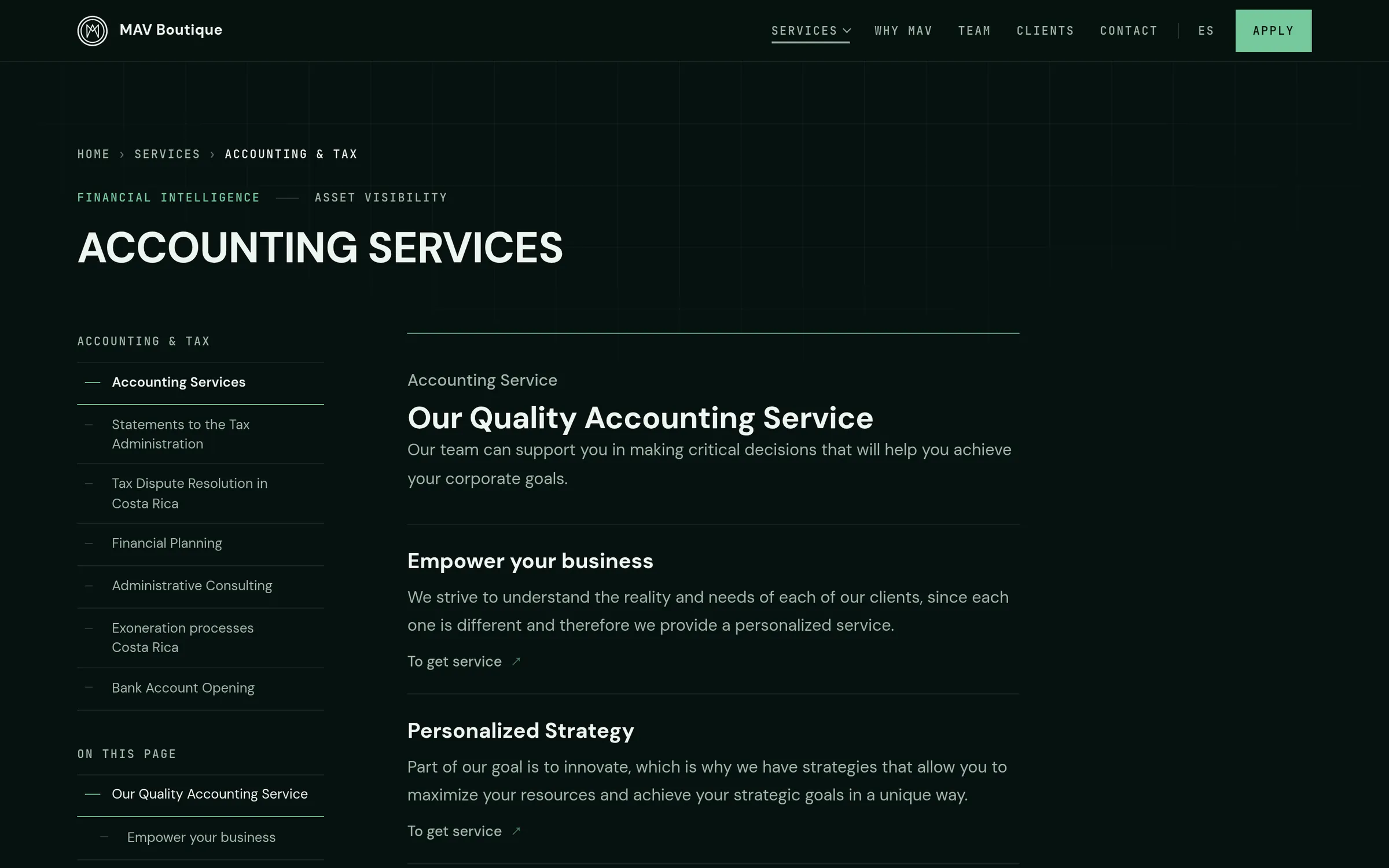 Página en inglés «Accounting Services» con un índice lateral de servicios relacionados y las primeras secciones de texto.