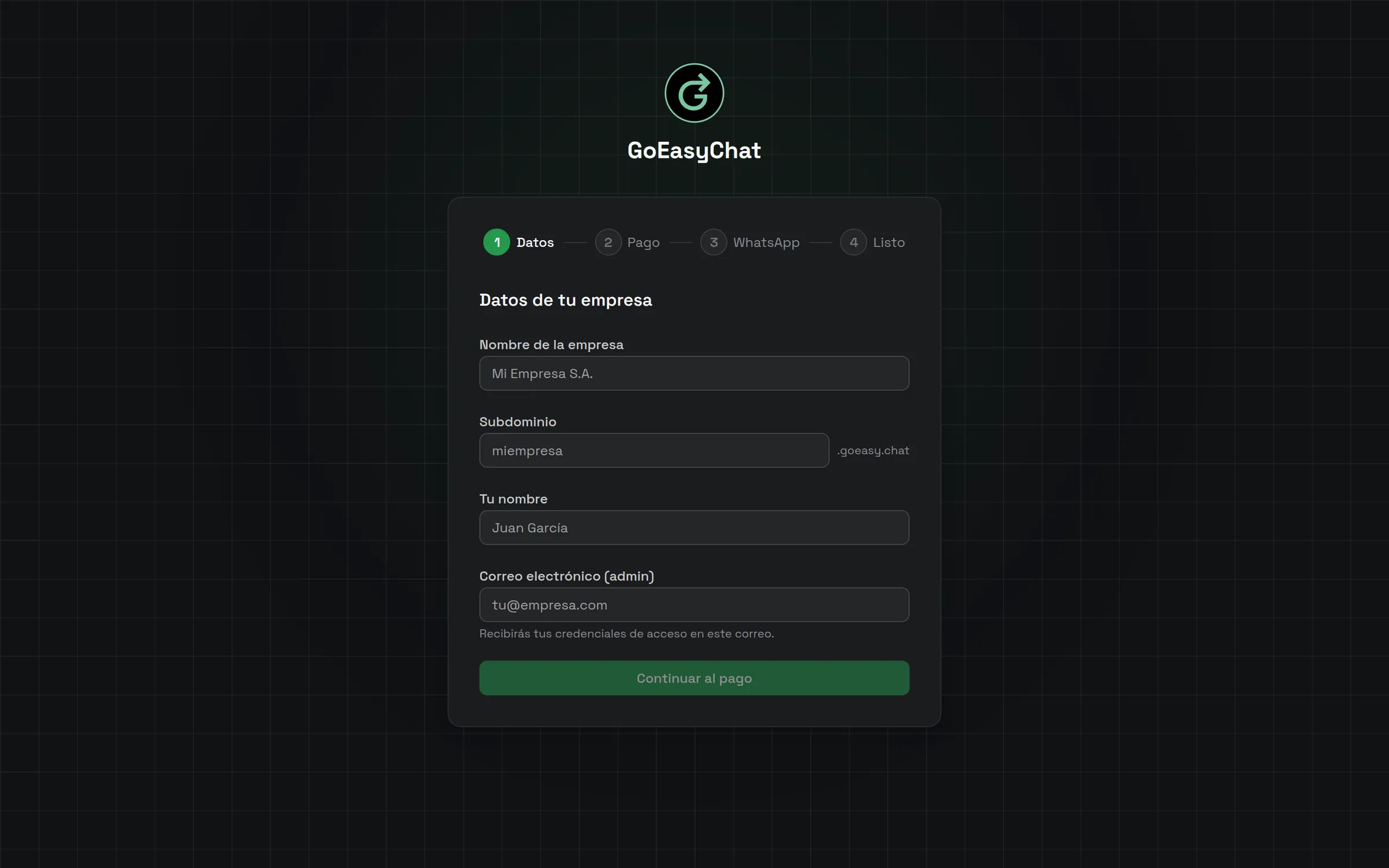 GoEasy.Chat signup form, step 1 of 4: company name, subdomain, admin name and admin email.