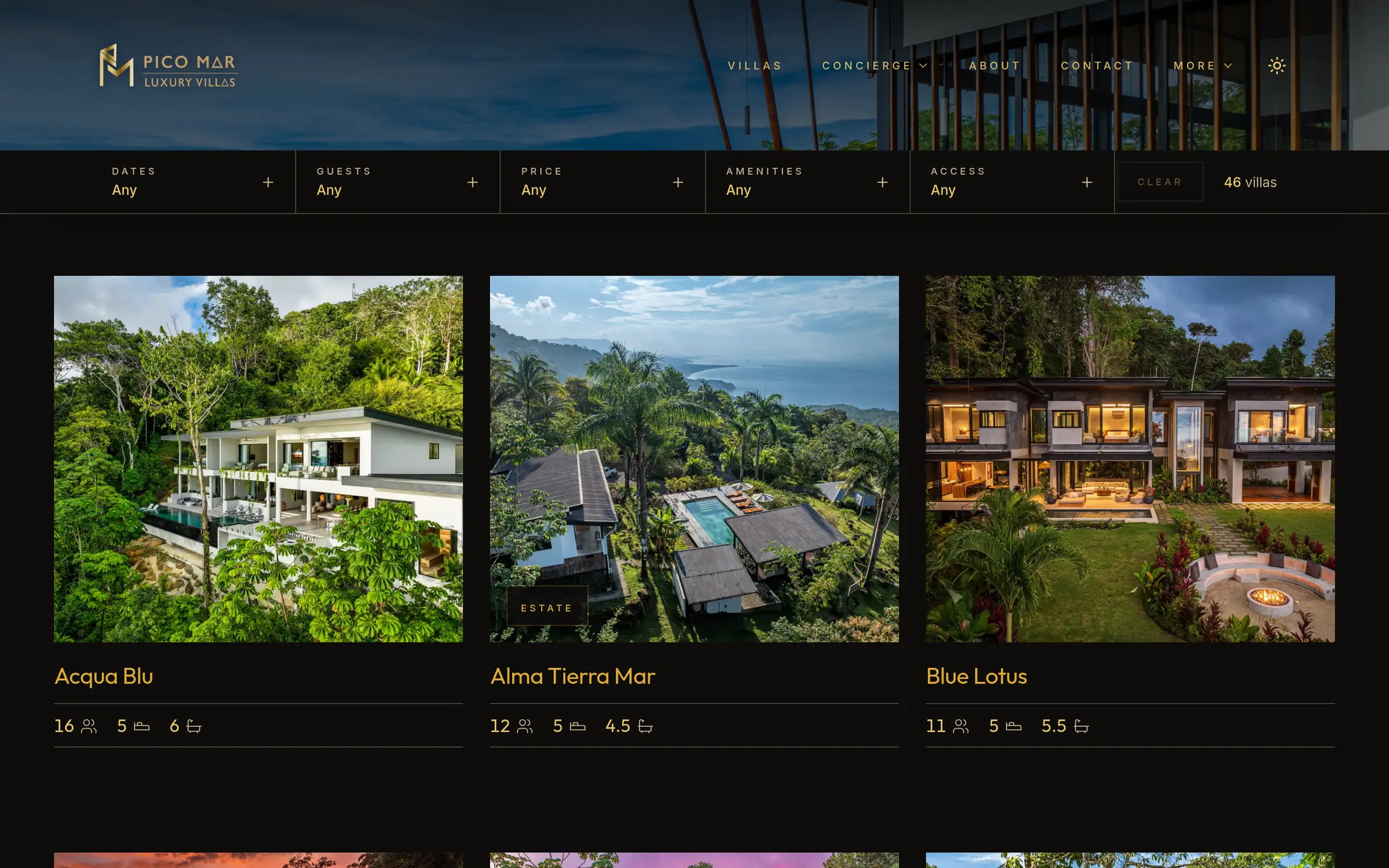The villa collection page: a filter bar for dates, guests, price, amenities and access above the first row of villa cards, each with a photo, a name and room counts.