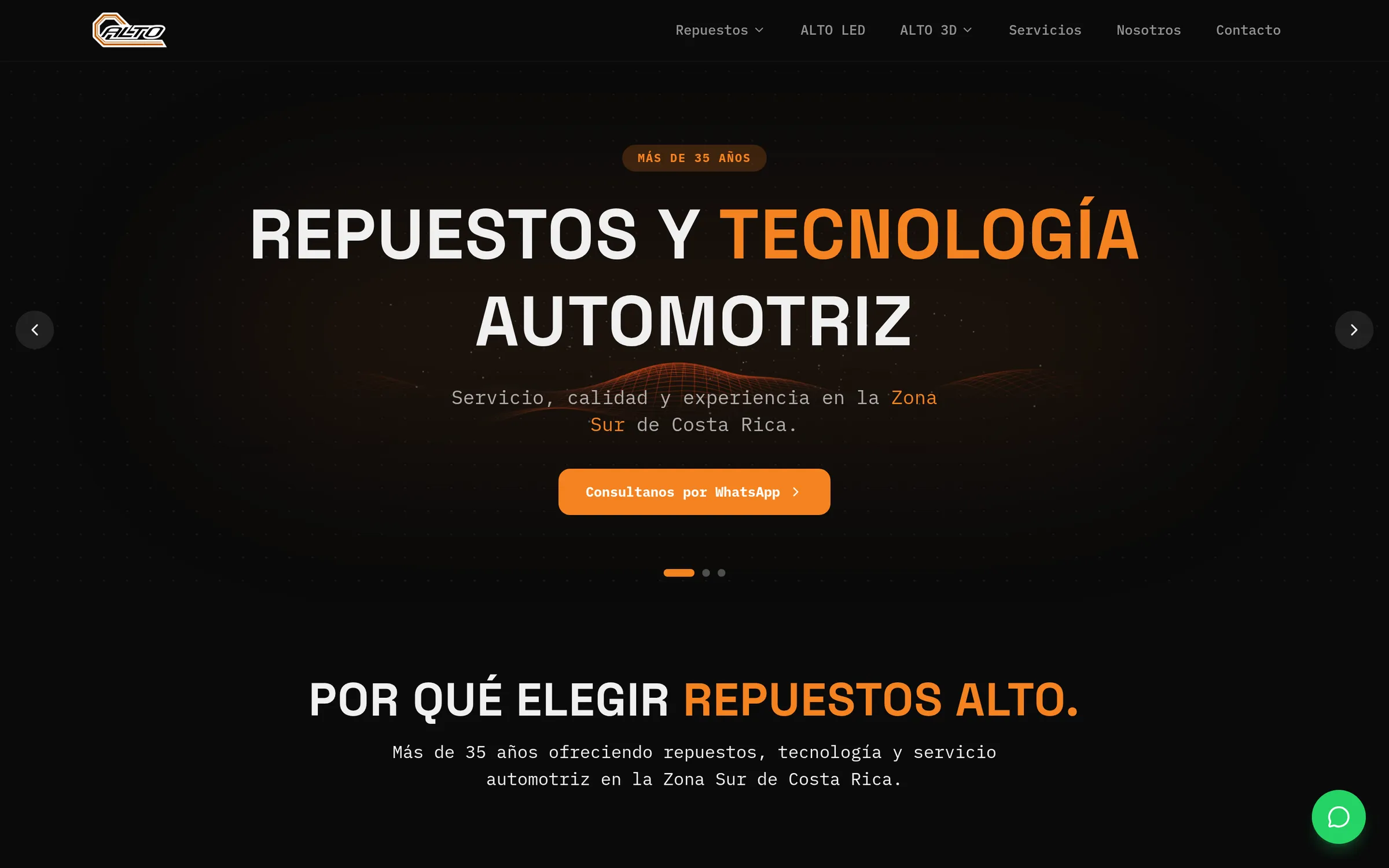 Repuestos Alto home page on a desktop screen: dark hero with the headline “Repuestos y tecnología automotriz”, a WhatsApp button and the site menu.
