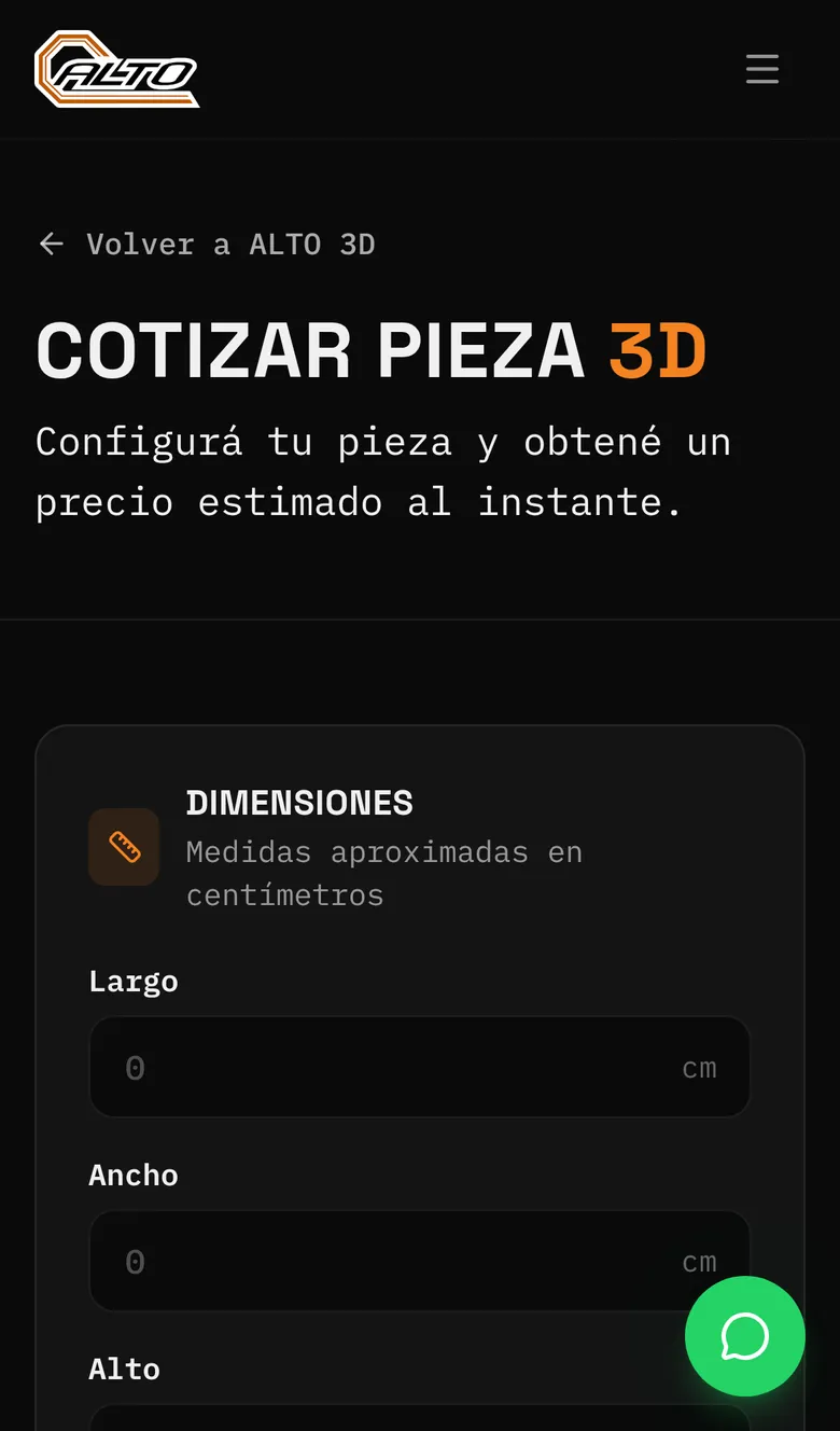 ALTO 3D estimate form on a phone: page title and the first fields for length and width.