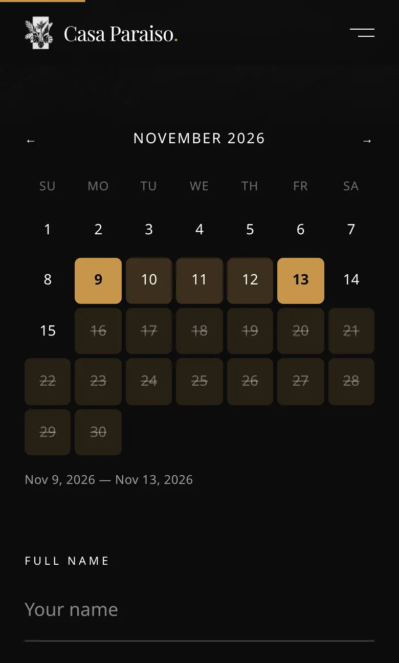 Phone view of the availability calendar with a stay selected, and the first form field below it.