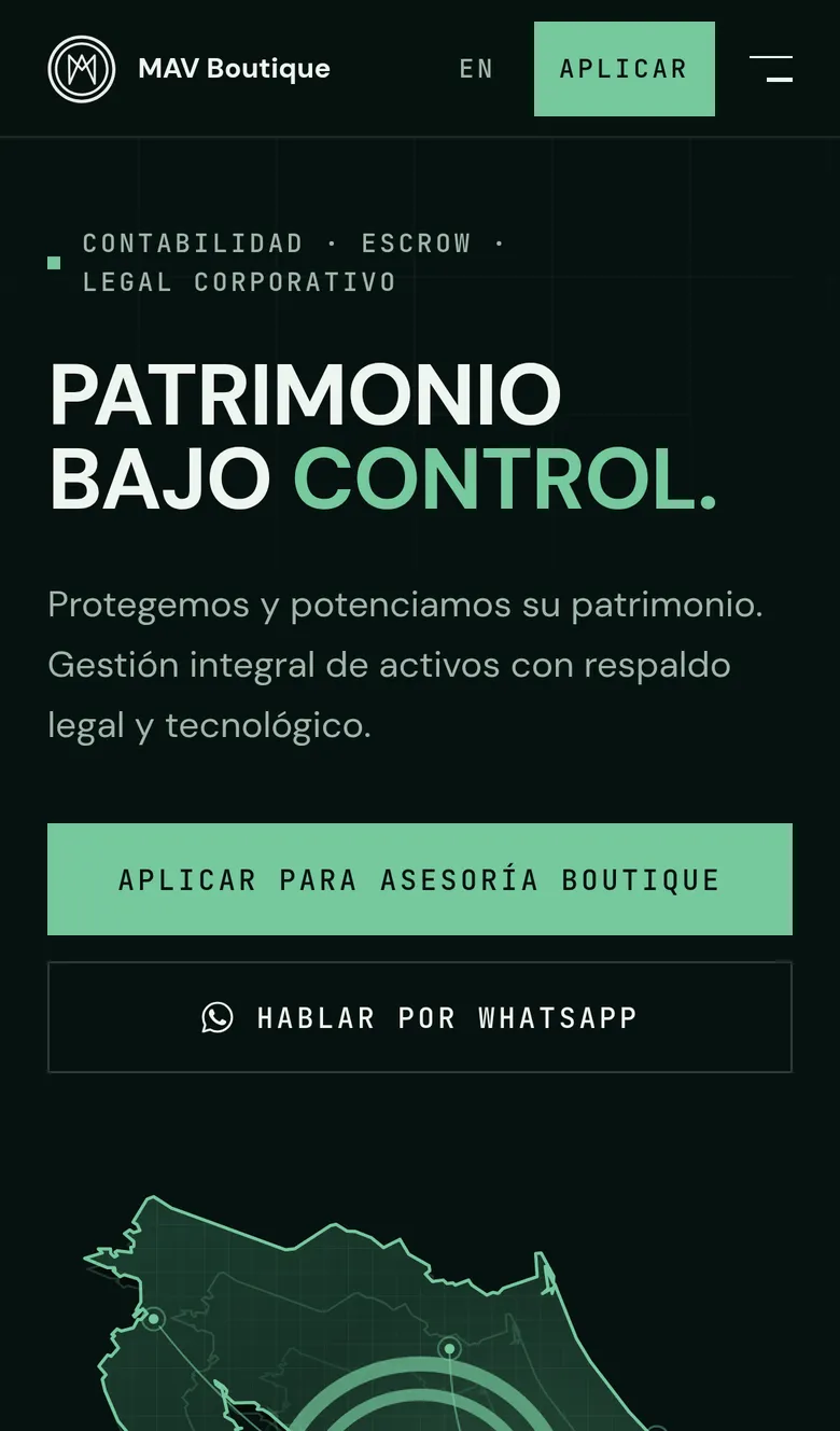 El inicio en un teléfono: titular, dos botones y la parte superior del mapa de Costa Rica.