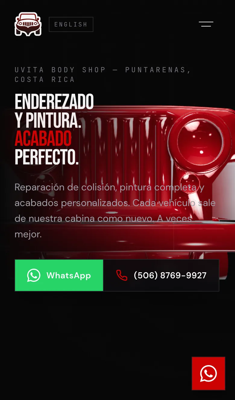 Home page on a phone: the headline over a red 3D car, a short description, and WhatsApp and phone buttons side by side.