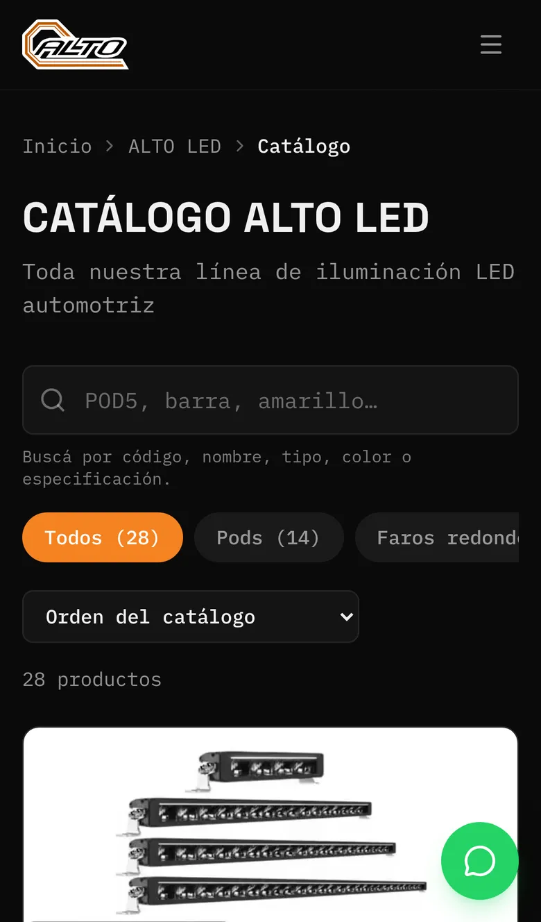 ALTO LED catalog on a phone: search box, type filters with counts, a sort menu and the top of the first product card.