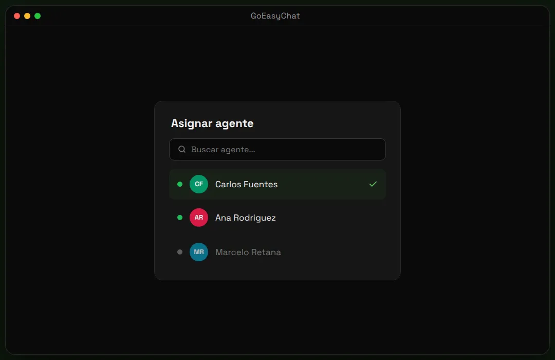 Still from the GoEasy.Chat demo video: a dialog to assign a conversation to one of three agents.