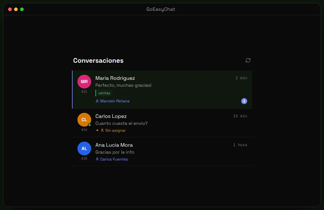 Still from the GoEasy.Chat demo video: a list of conversations with labels, unread counts and assigned agents.