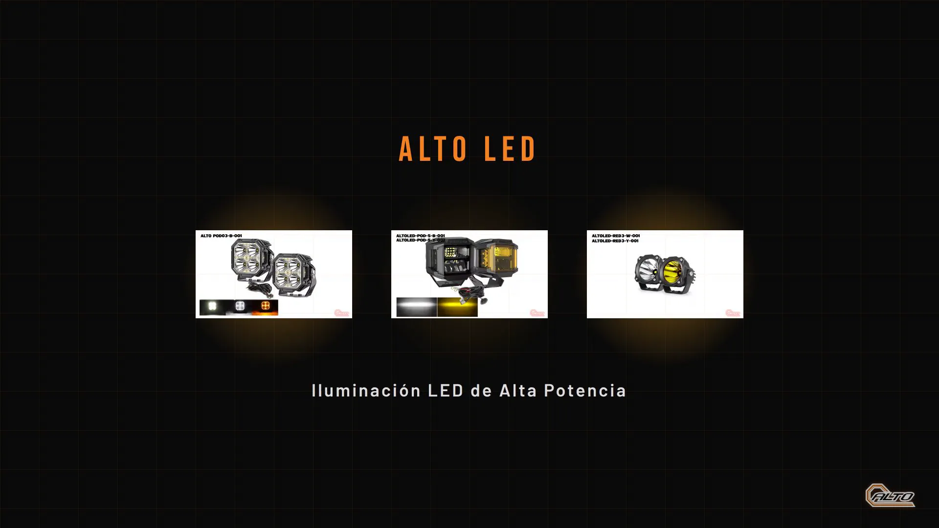 Frame from the promo video: the ALTO LED title above three product pictures.